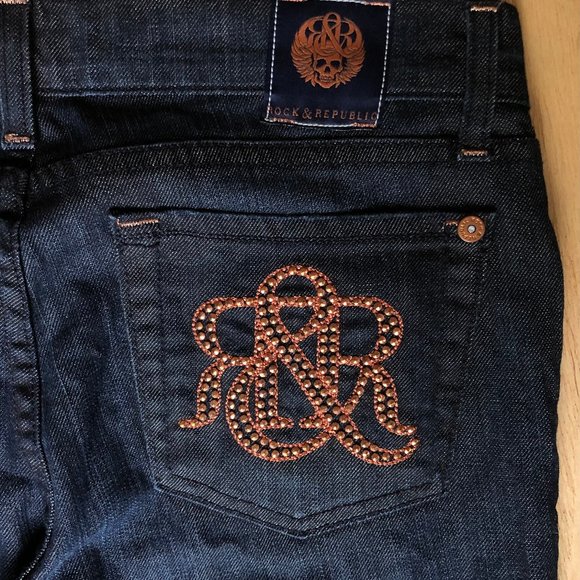 ROCK & REPUBLIC FLARE Women’s Rhinestone Pocket Dark Wash Denim Jeans sz 28 - Picture 6 of 9